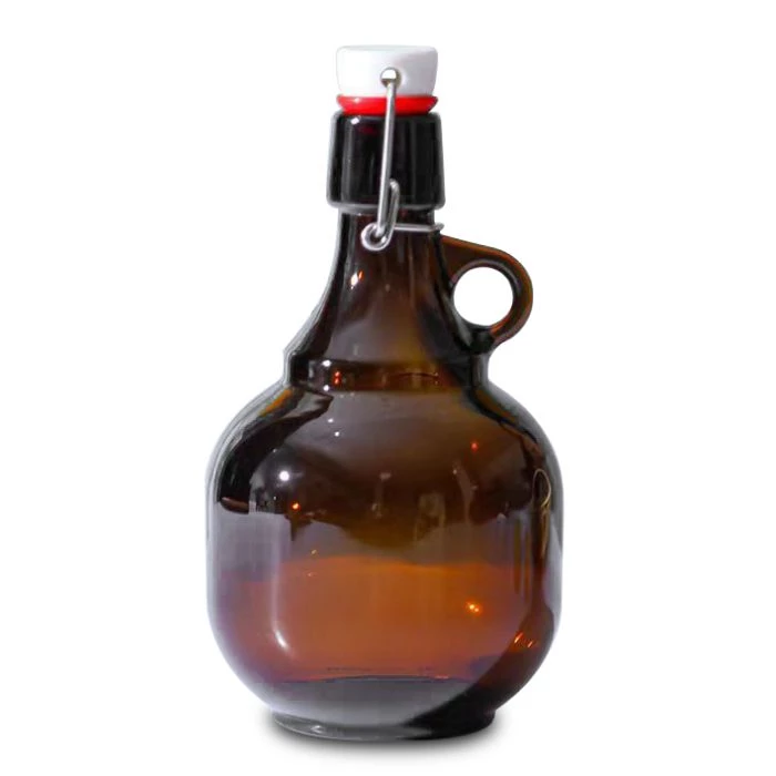 Garrafa growler de vidro âmbar em formato de bola, com capacidade para 1 litro (32 oz), ideal para encher cerveja e outras bebidas.
