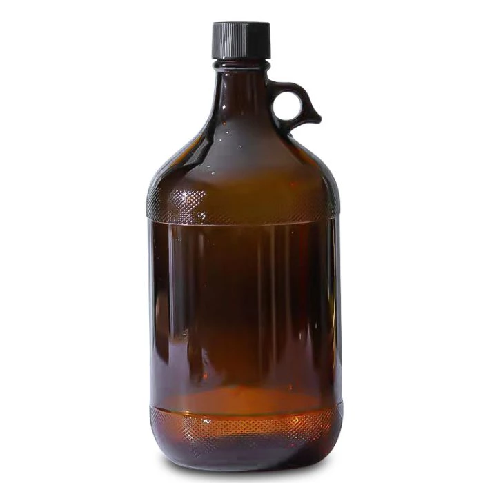 Garrafa growler grande de vidro âmbar de 2,5 litros, com capacidade para 84 onças (aproximadamente 2,5 litros) de cerveja para viagem.